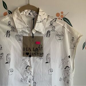 HALU Black White Drawing Sleeveless Button Down Collared Midi Dress Pockets